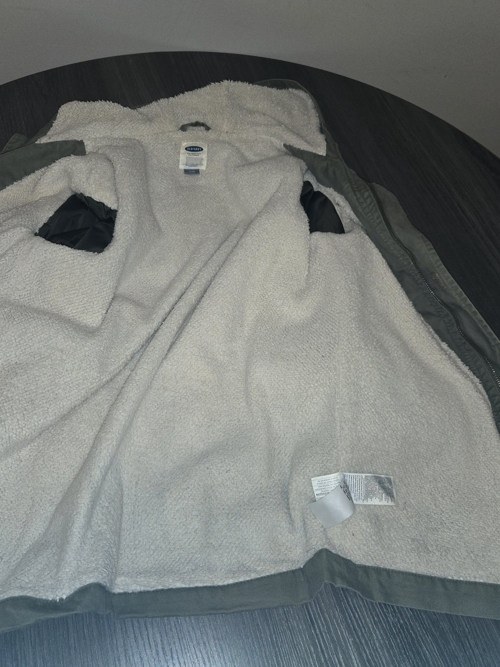 Old Navy Olive Green Zip-Up Jacket with Cream Sherpa Lining